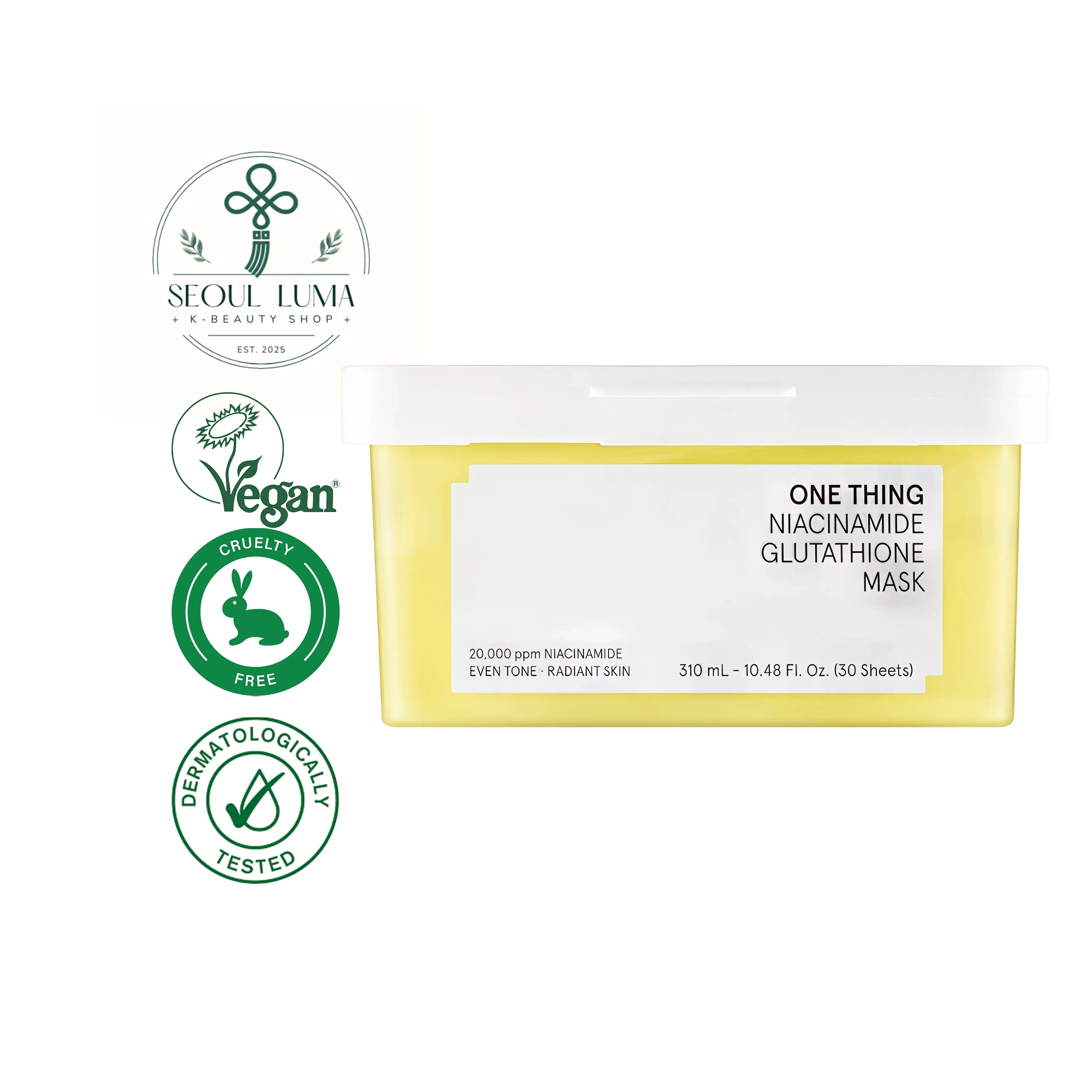 ONE THING Niacinamide Glutathione Sheet Mask with dual brightening power for dark spots and pore care, 30-day intensive treatment